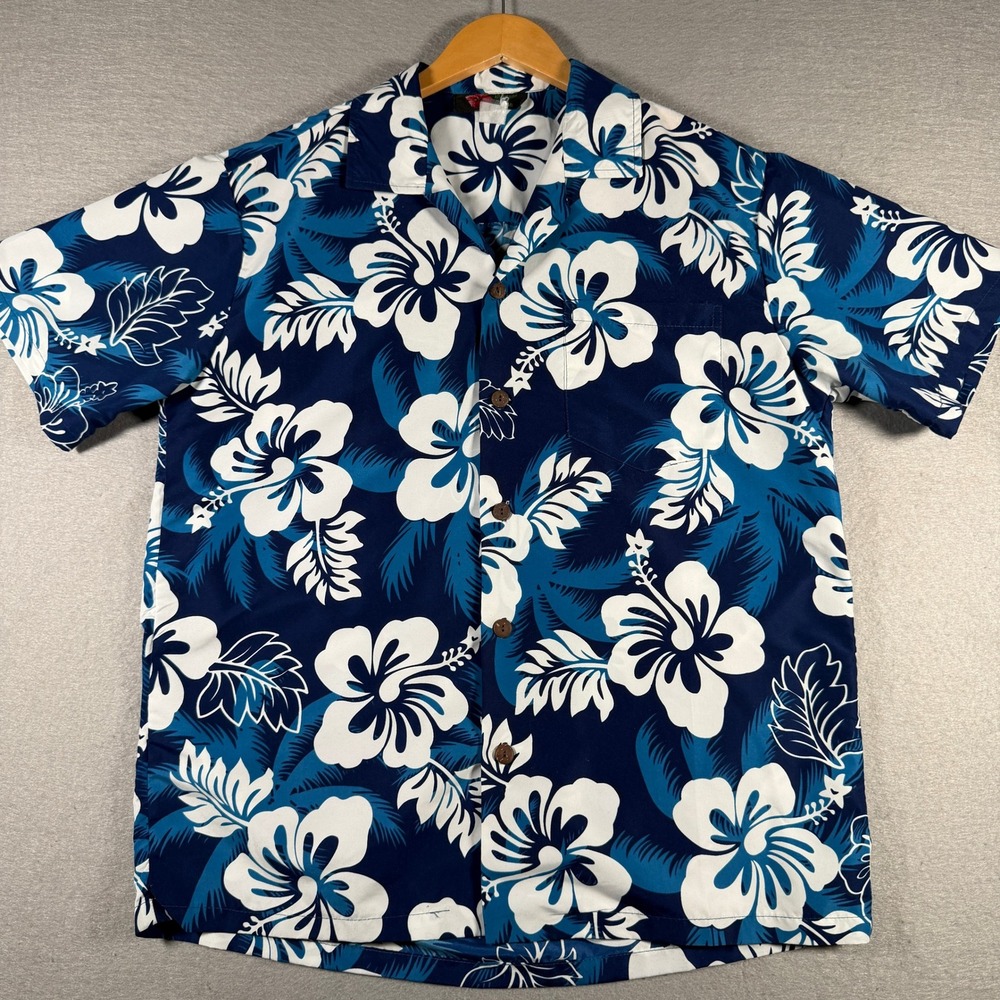 Hilo Hattie Mens Blue White Hibiscus Floral‎ Hawaiian Aloha Shirt Short Sleeve L